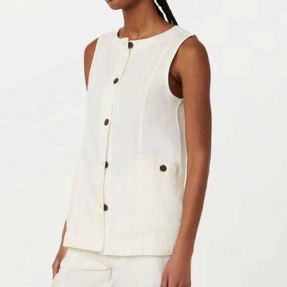 FRANK & OAK Work Button Down Minimalist Vest Relaxed Twill Utility Ivory White L - Picture 2 of 9